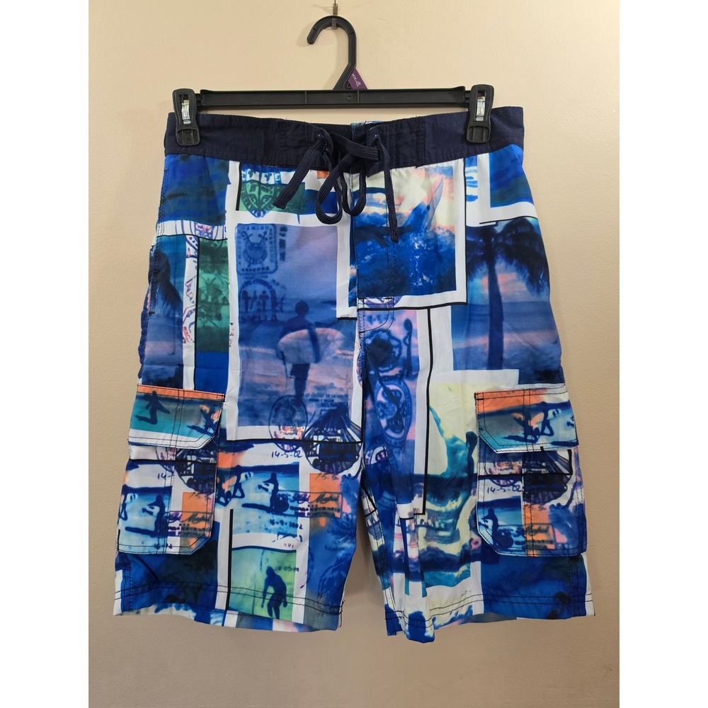U.S. Apparel Mens Blue Surf Photo Print Board Shorts Cargo Pockets Medium